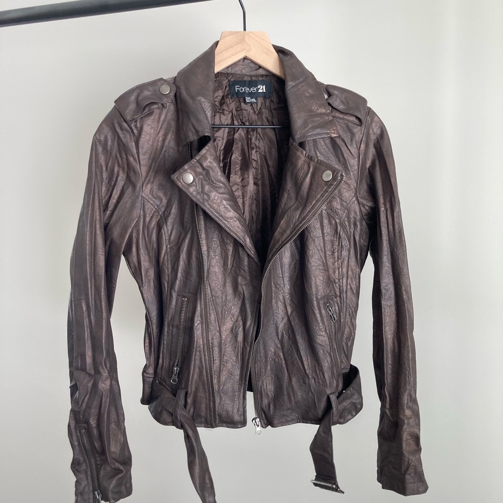 Forever 21 Pleather Jacket - brown distressed biker jacket